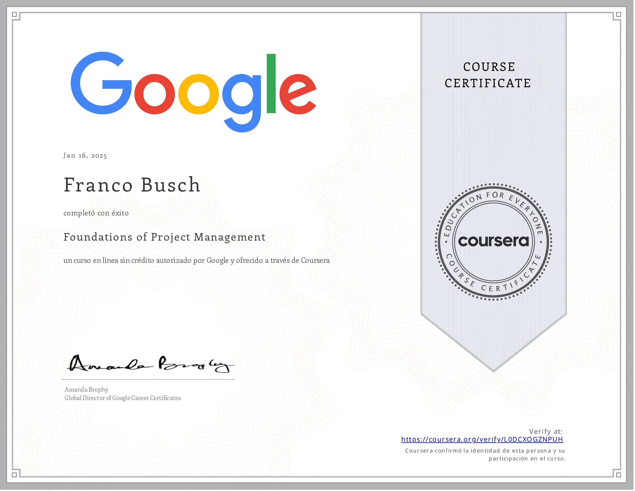 Certificado de Foundations Of Project Management